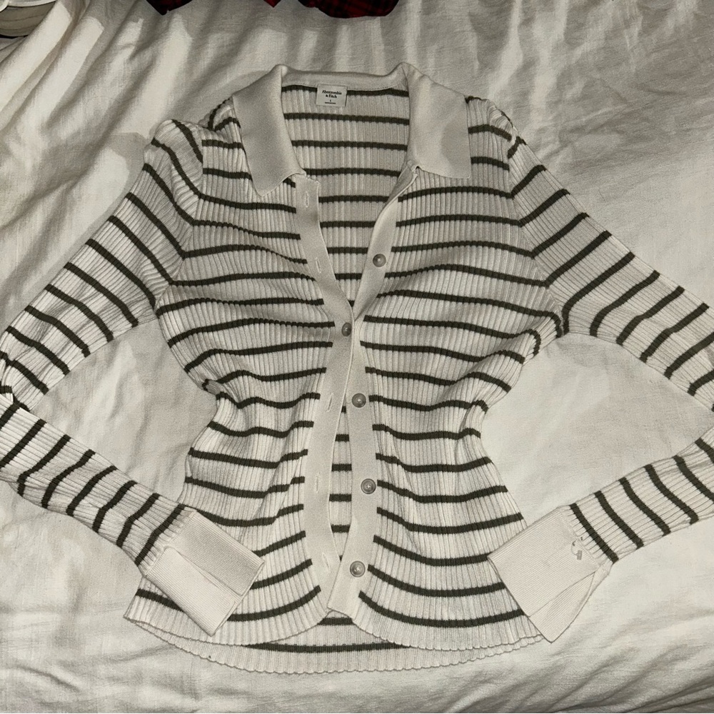 Olive and Cream Striped Button-Down Sweater, Abercrombie and Fitch, Size L
